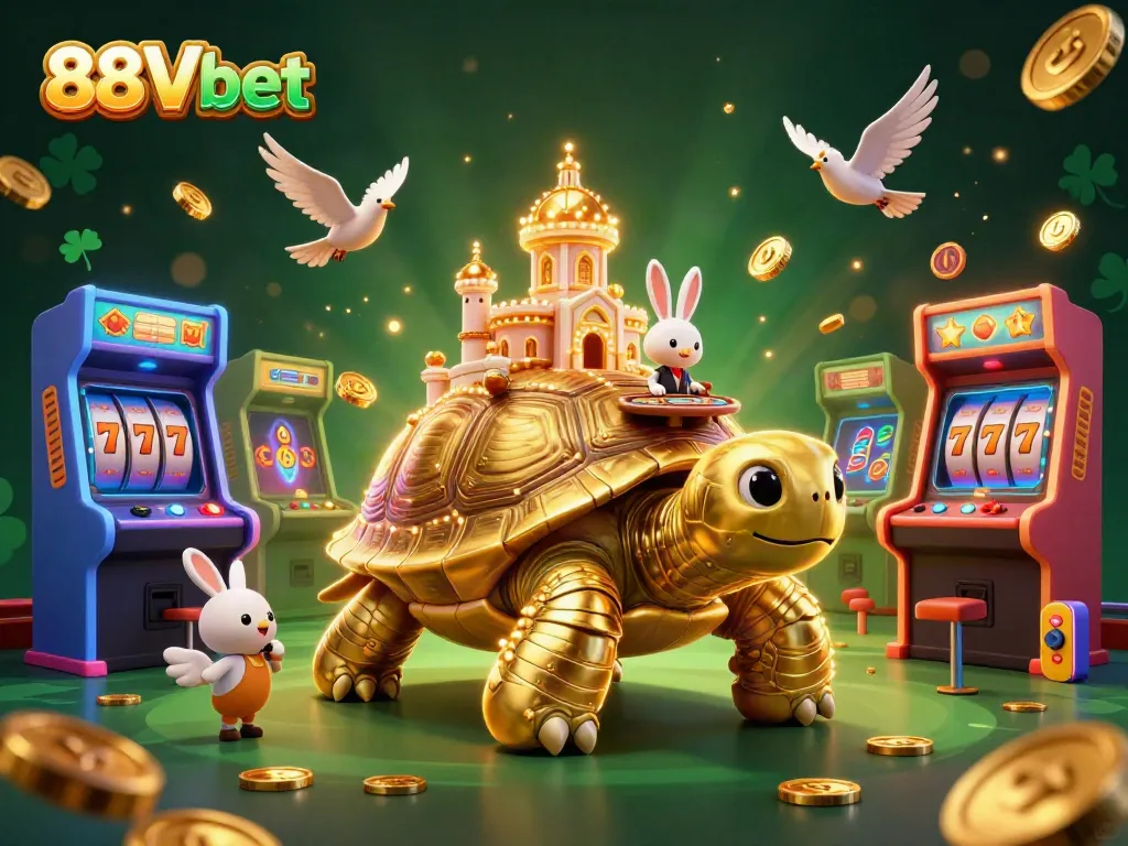 Play exciting games and explore fun at 88Vbet via a vibrant 3D casino scene.