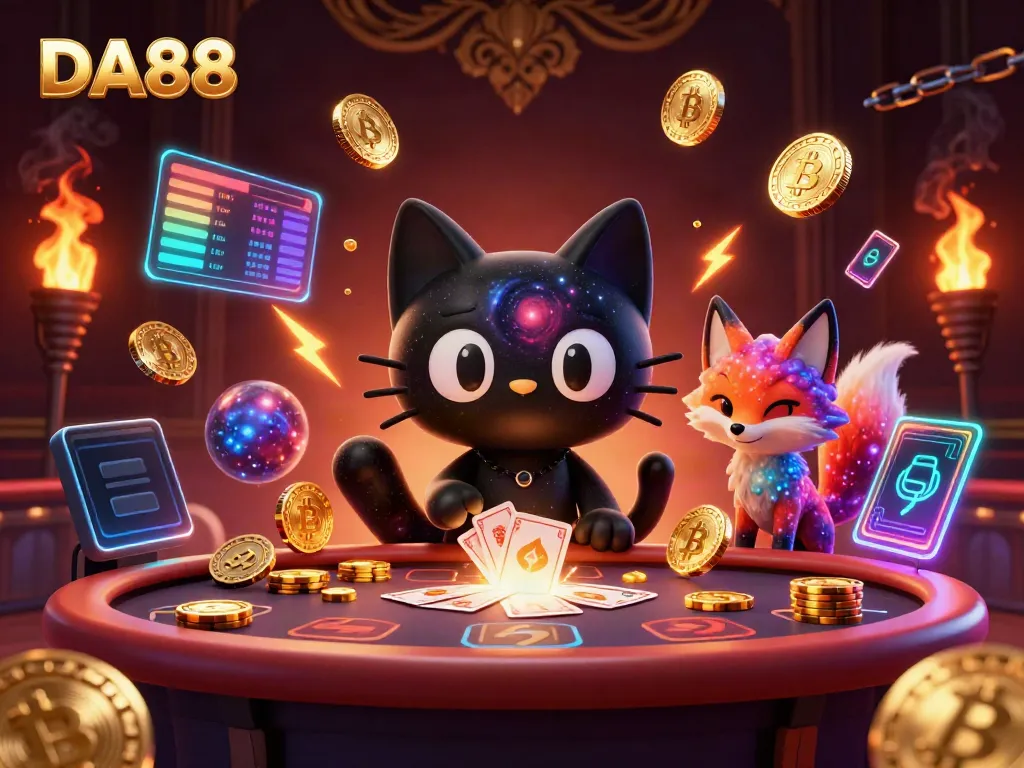 Engage with DA88's vibrant cosmic casino scene featuring a black hole cat and nebula fox.