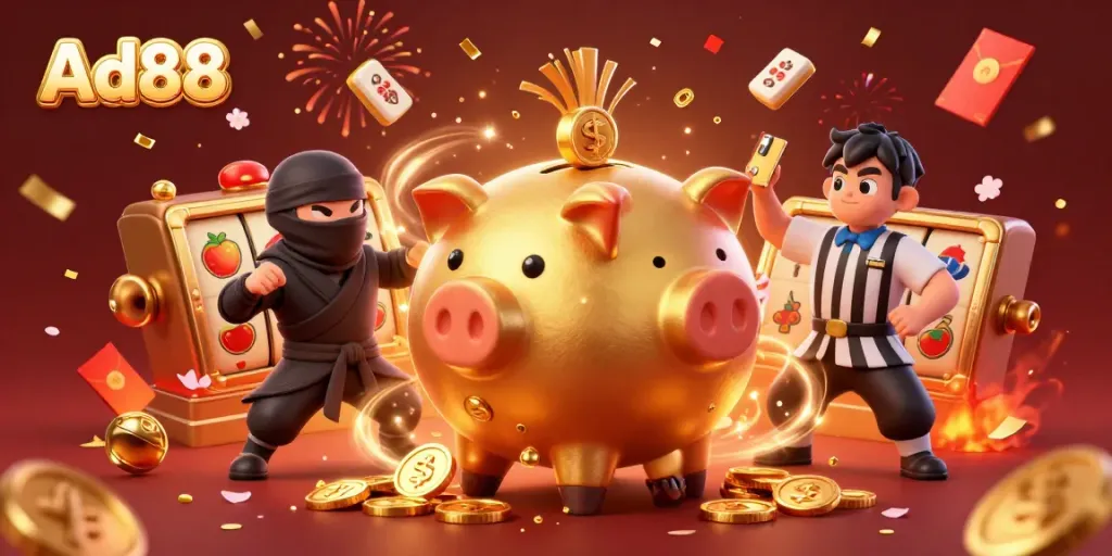 Experience thrilling gameplay with Ad88's exciting golden piggy bank character in a lively casino scene.