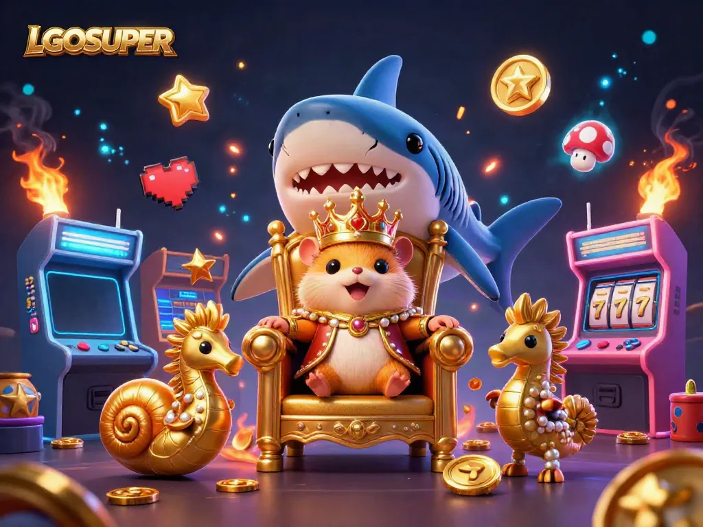 Engage with the exciting world of LGOSUPER featuring a golden hamster king surrounded by vibrant casino game elements.