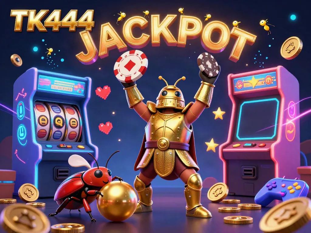 Engage with TK444’s vibrant casino scene featuring animated characters celebrating a jackpot win.