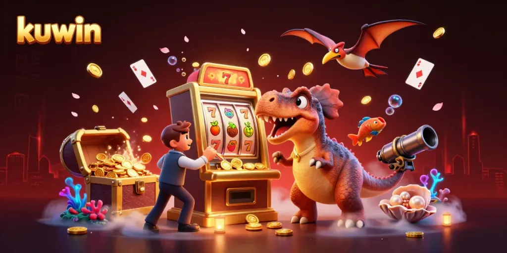 Kuwin jackpot scene featuring a dinosaur, casino manager, and flying coins in a vibrant, colorful casino environment.