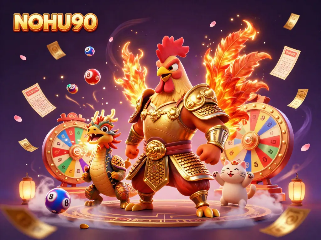 Experience the thrill of NOHU90 with a vibrant 3D illustration of a rooster warrior, dragon, and lucky cat in a dynamic casino setting.
