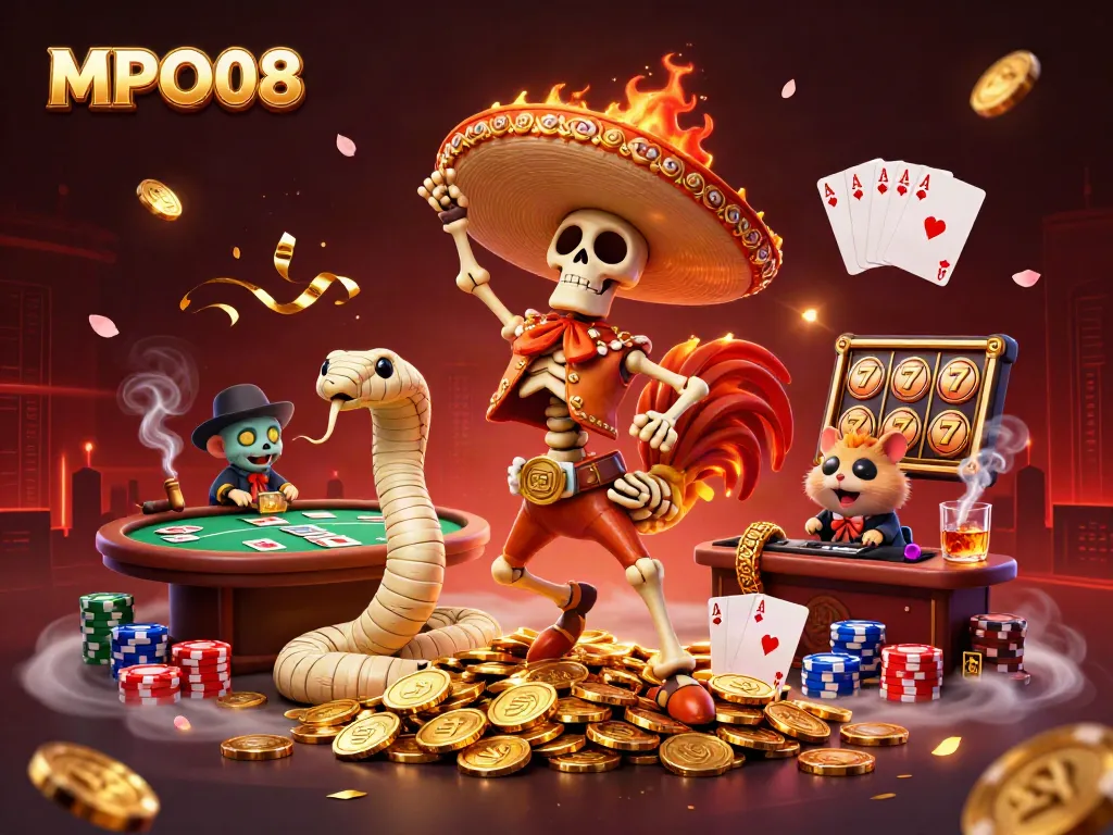 MPO08 showcases a lively 3D scene with a mariachi rooster, mummy snake, and DJ hamster celebrating atop coins, emphasizing rich gambling elements.
