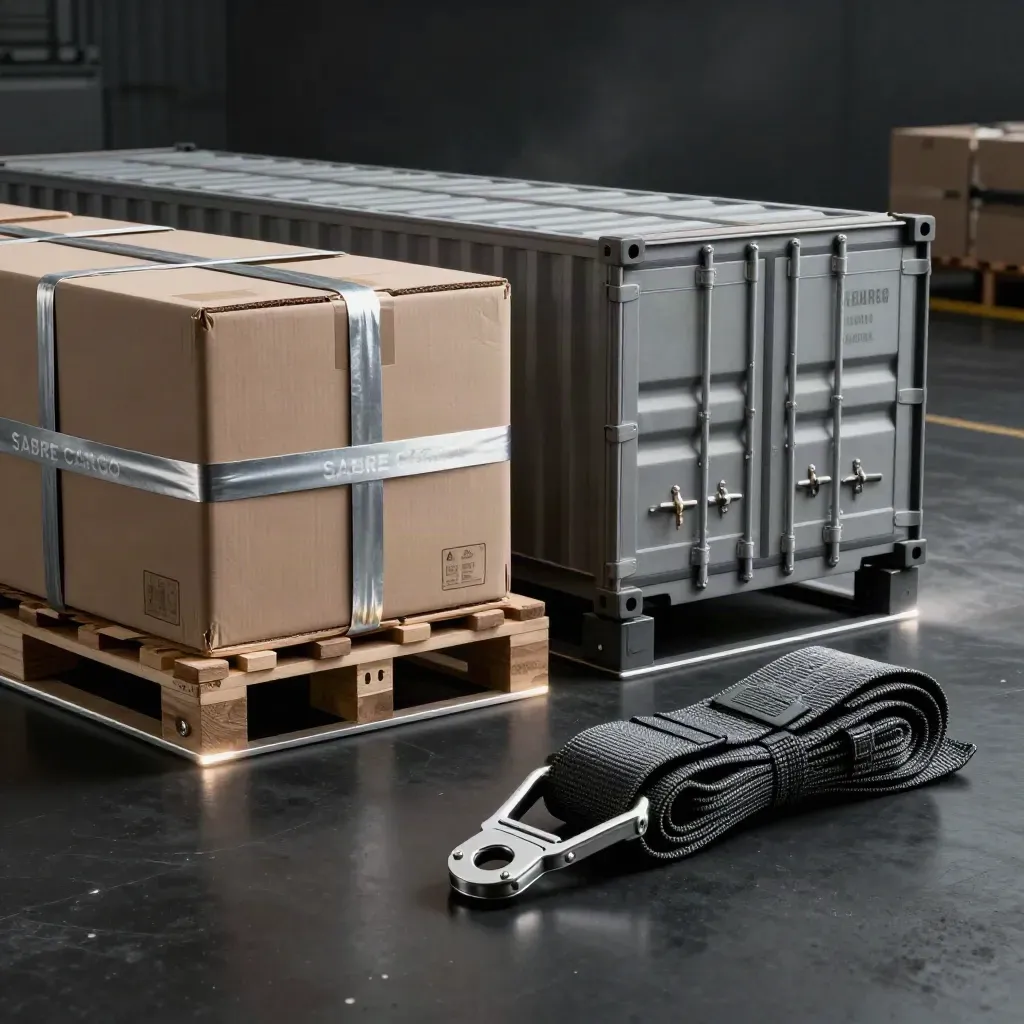 Freight pallet, sea lock, and road straps arranged in a dark premium logistics studio
