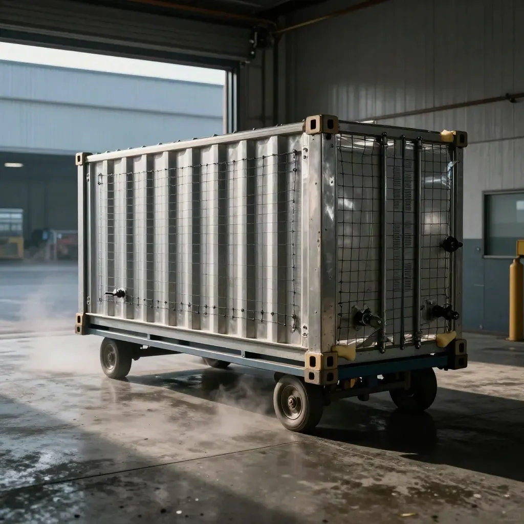 Sealed air cargo ULD container rolls on a trolley through a misty loading bay.