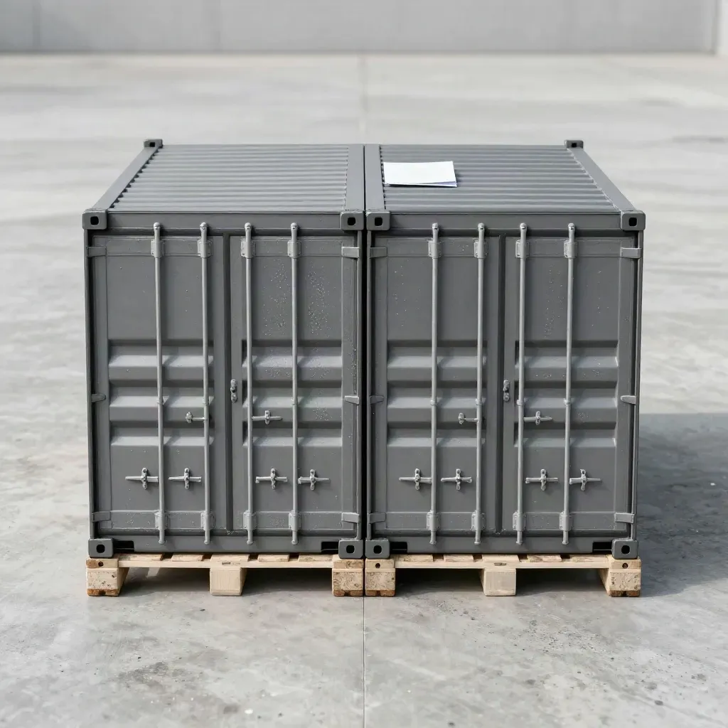 Overhead flatlay of an open steel shipping container model on concrete, with locks and pallet blocks.