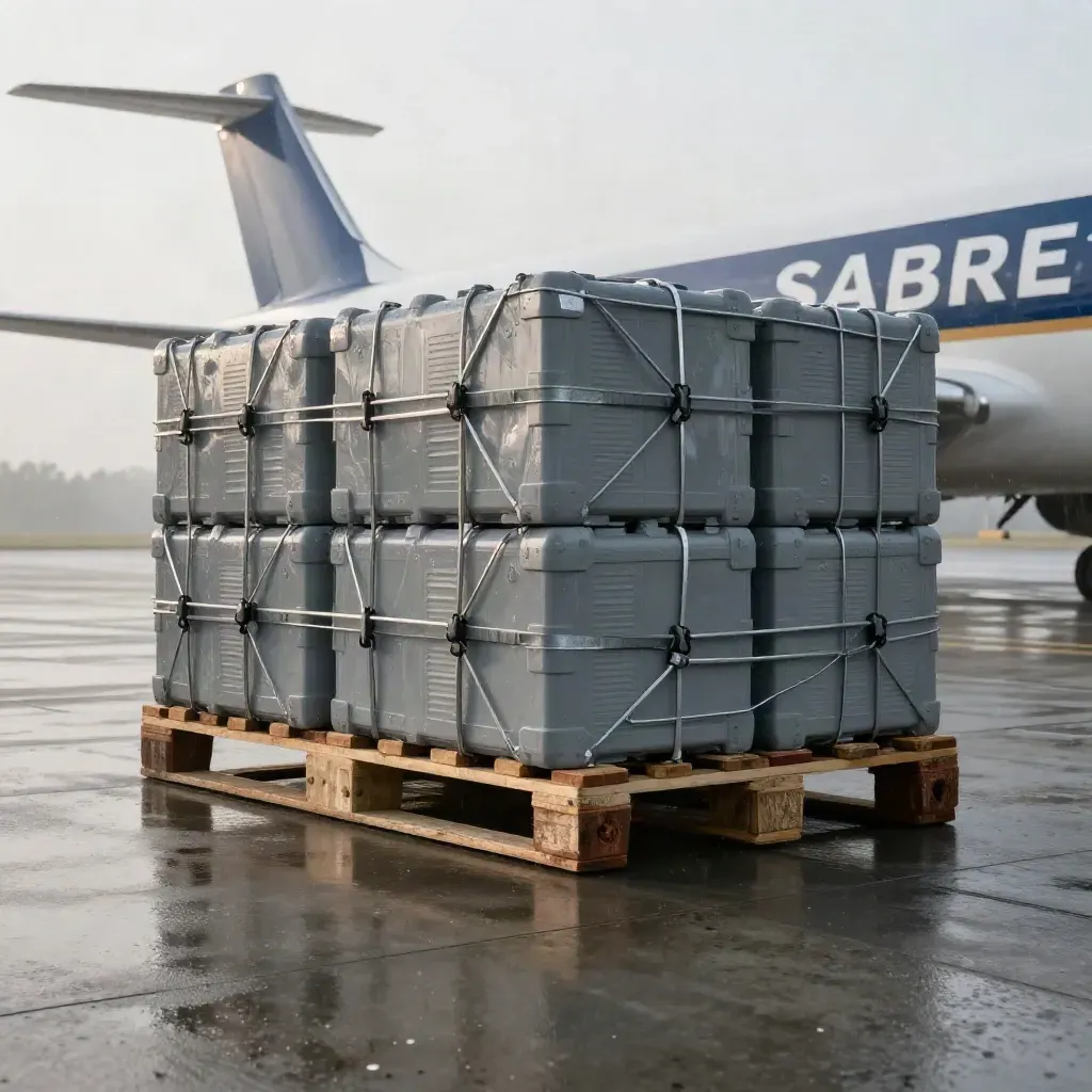 Strapped air-freight pallet in misty pre-dawn light on wet concrete, framed for a cargo hero ad.