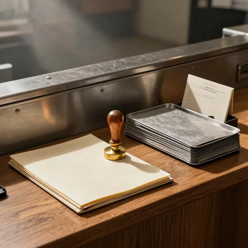 Customs clearance tools on a warehouse bench: stamp, trays, and file wallets.