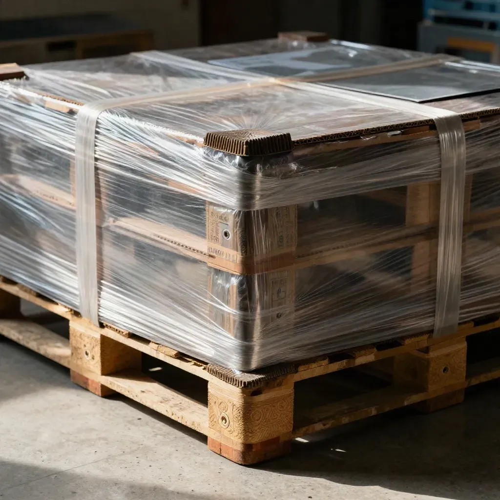 Wrapped warehouse pallet stack under mezzanine light with dust and haze
