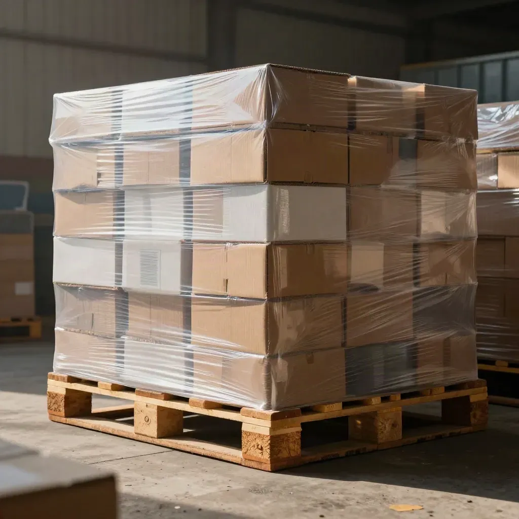 Wrapped retail pallet with cartons and corner boards on a hazy dock floor