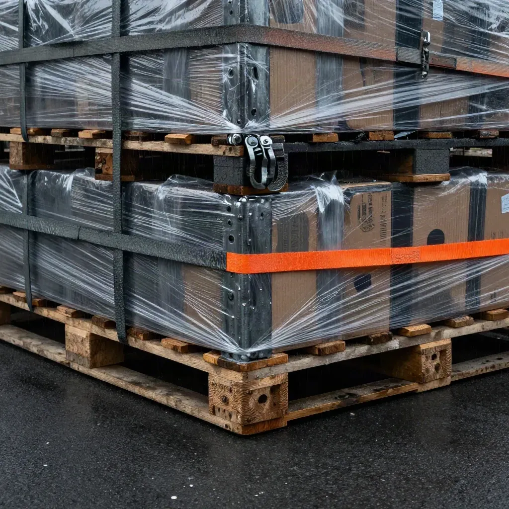 Overhead freight flatlay with pallet straps, container blocks and rain sheen on dark concrete.