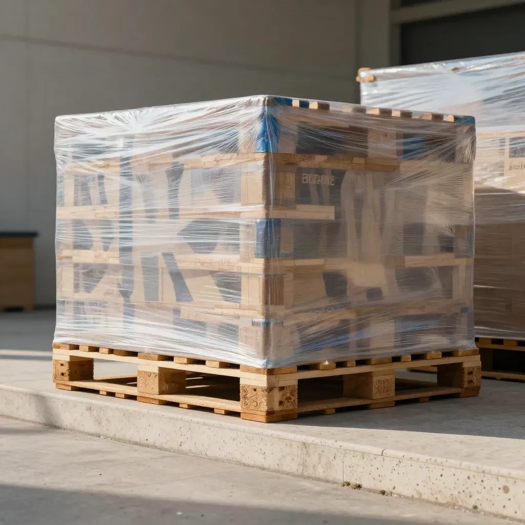 Shrink-wrapped UK pallet stack on travertine, steel-blue accents, lit as a premium hero product.
