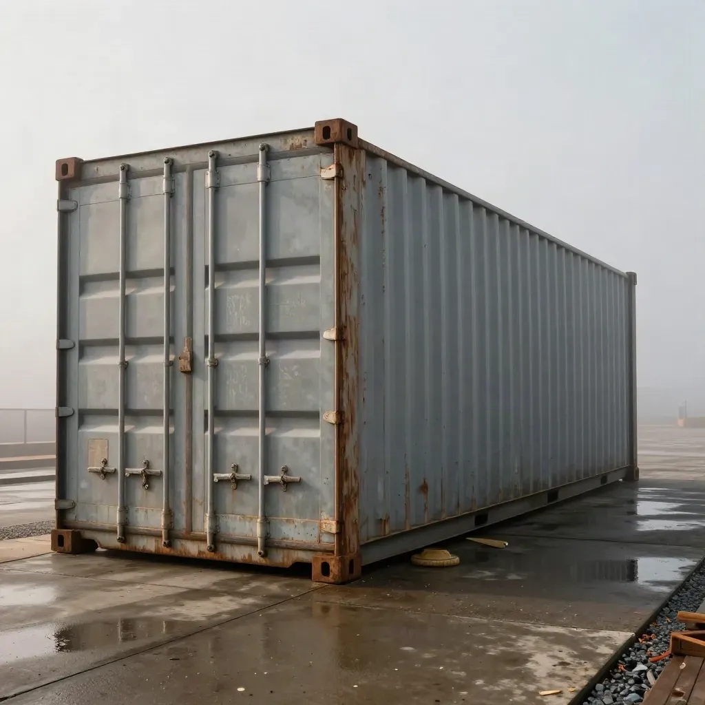 Weathered 40ft sea container on a misty dock, low-angle industrial freight scene
