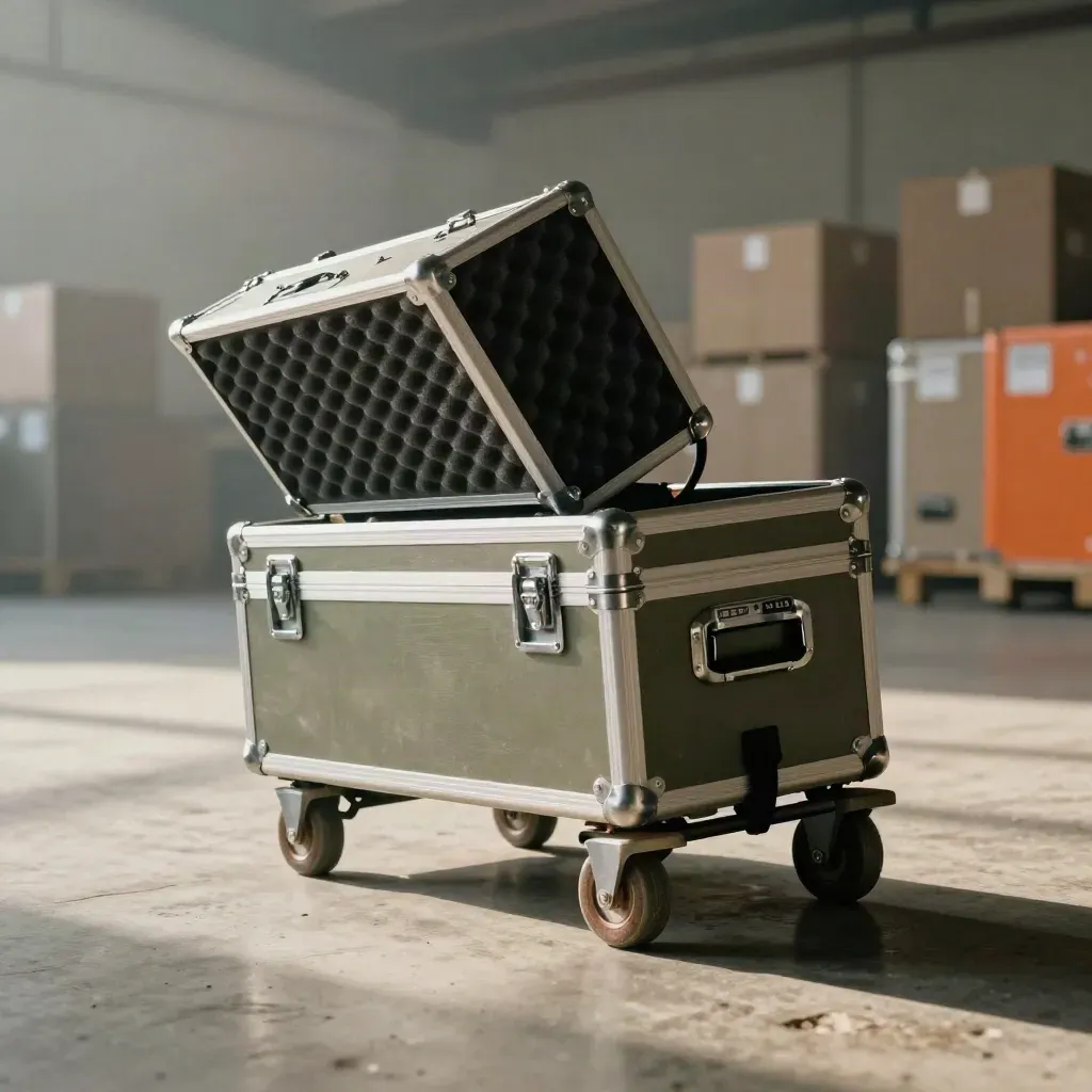 Compact courier case rolling on a small cart in a hazy cargo terminal.