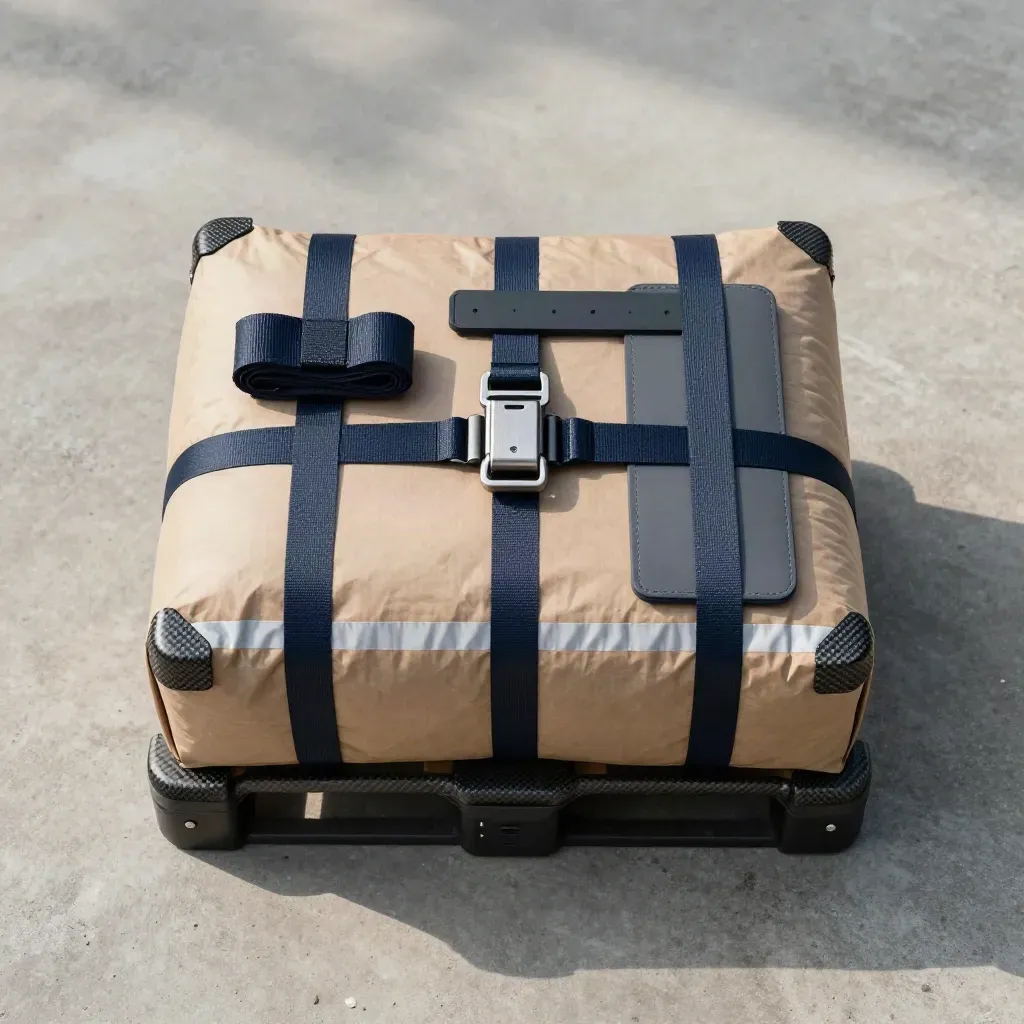 Overhead flat lay of a strapped road linehaul parcel kit with pallet corners and reflective tape.