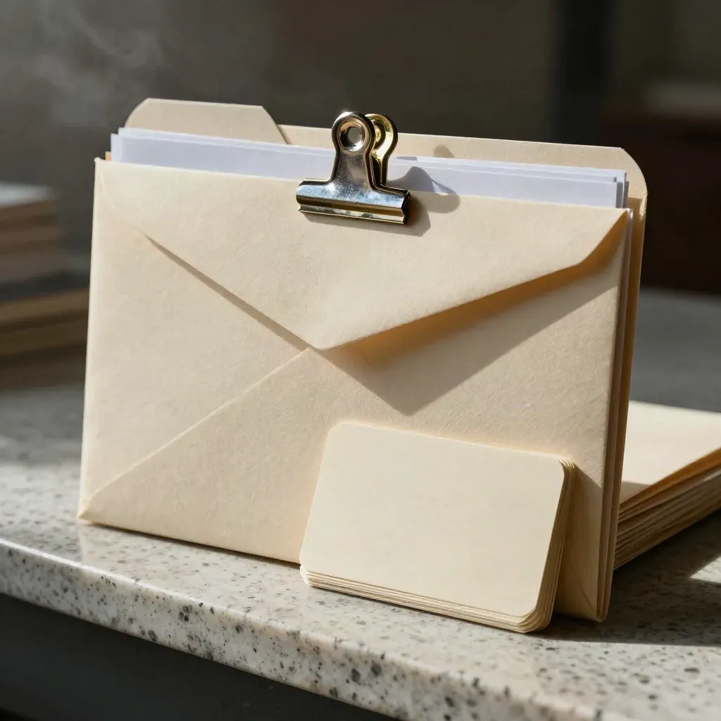 Customs submission folder bundle with sealed envelopes on travertine, lit like a luxury ad.