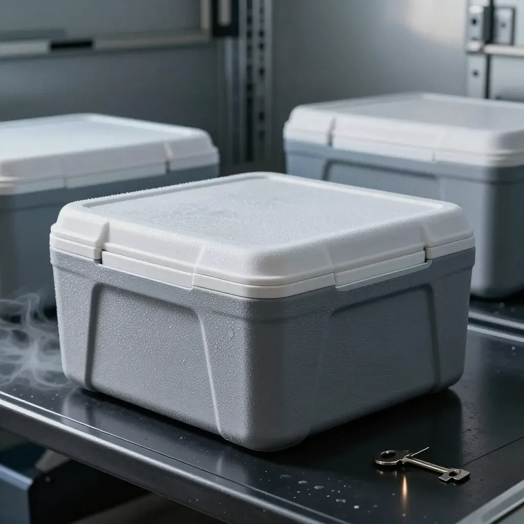 Two chilled insulated cold-chain boxes with gel packs, frost beads, and cool vapor