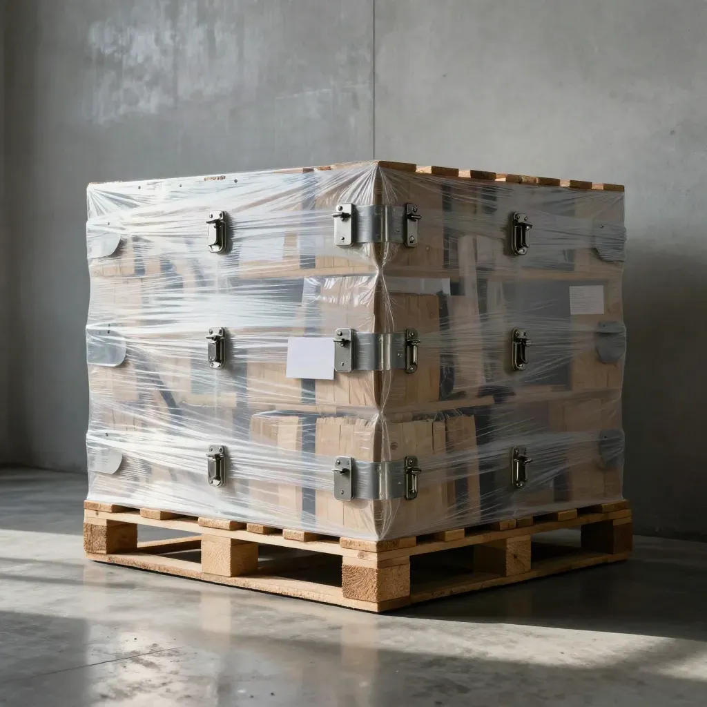 Bonded warehouse crate stack wrapped and locked on concrete, seen close in haze.