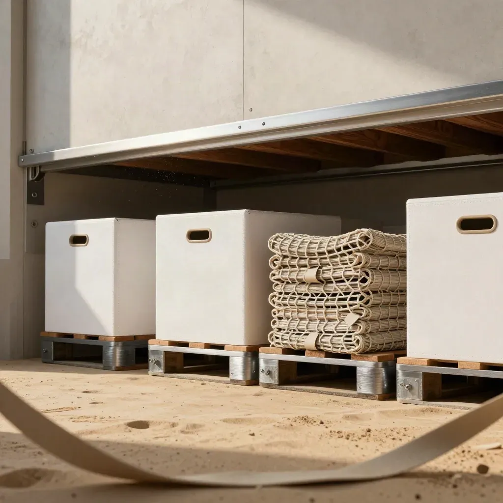 Sunlit cargo bay with stacked white crates, brushed metal, and calm open floor space below.