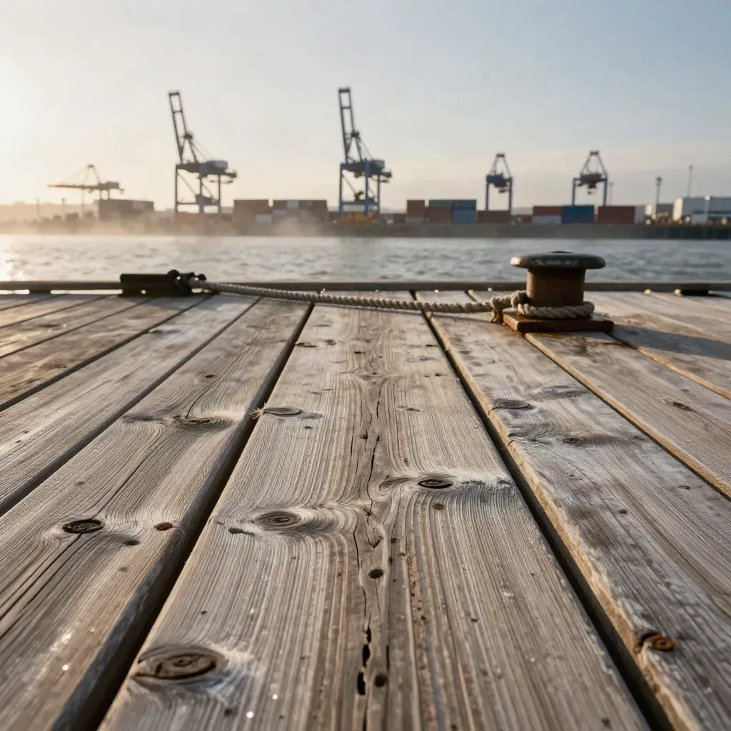 Salt-washed dockside timber with blurred containers, crane silhouettes and sea mist.