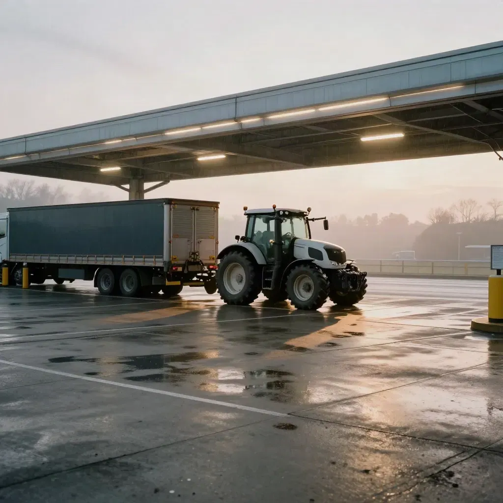 Wet motorway service yard, tractor unit under a canopy, reflective concrete and fog at dusk.