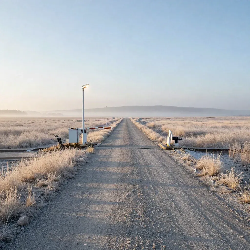 Silent border crossing lane in dawn mist under a vast empty sky