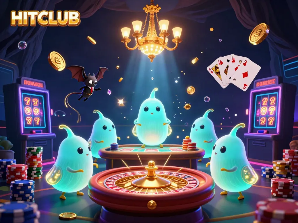 Engage with HITCLUB's vibrant casino scene featuring bioluminescent glowworms, sparkling gems, and a bat dealer.