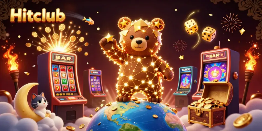 Hitclub's constellation bear scoops coins from Earth with vibrant casino elements exploding around.
