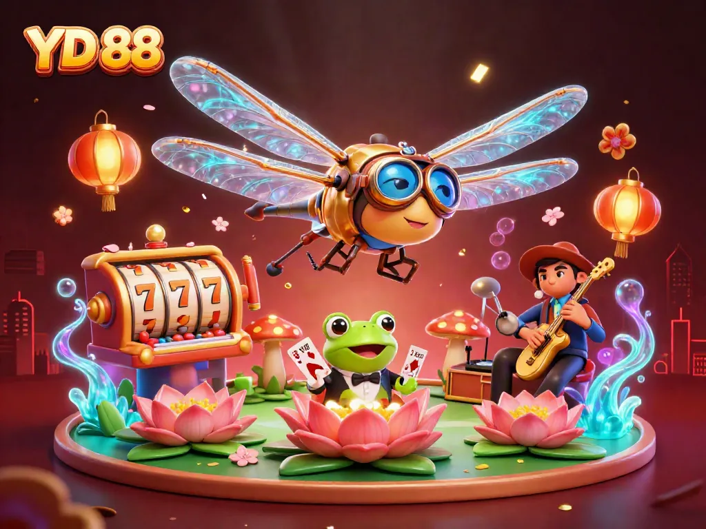 YD 88 players enjoying live-action casino games at a vibrant lily pad casino with dynamic elements.