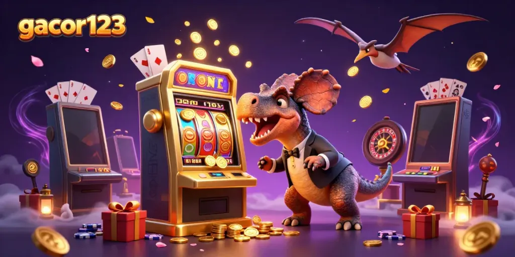 Experience gacor123's interactive gaming fantasy with dynamic characters and epic casino elements in vibrant illustration.