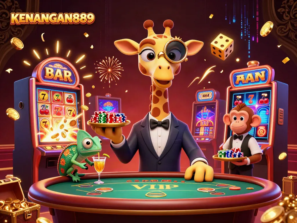 Experience the excitement of KENANGAN889 with a vibrant 3D casino scene featuring a stylish giraffe and lively characters.