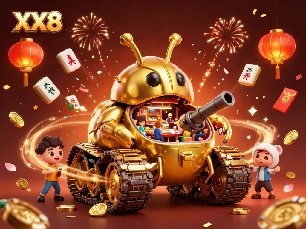 Experience the thrill of gaming with XX8's massive golden beetle casino tank surrounded by festive elements.