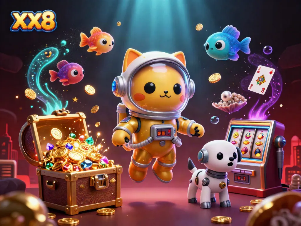 Experience the galactic gaming world with the XX8 astronaut cat among treasures and vibrant casino features.