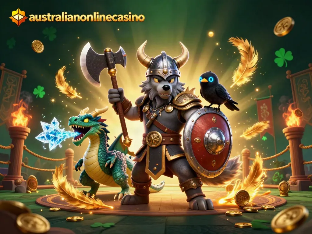 Experience thrilling action with the australianonlinecasino wolf warrior and his dragon companion amidst swirling gold.