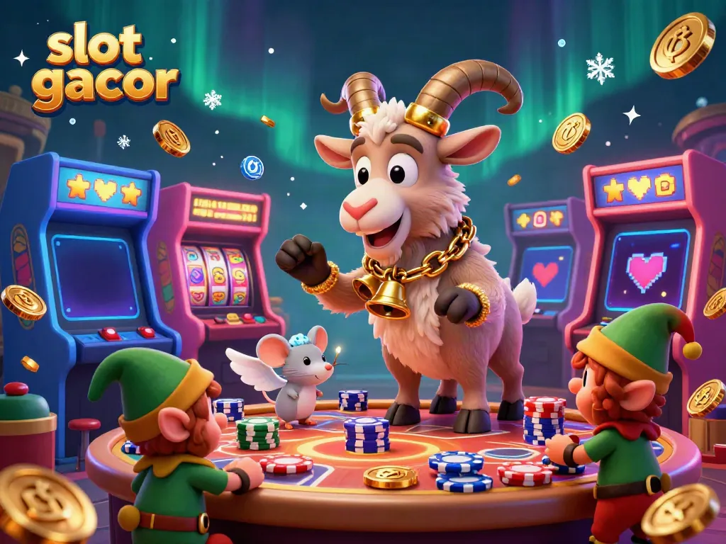 Engage in thrilling slot gacor gameplay within a festive casino scene filled with animated characters and playful chaos.