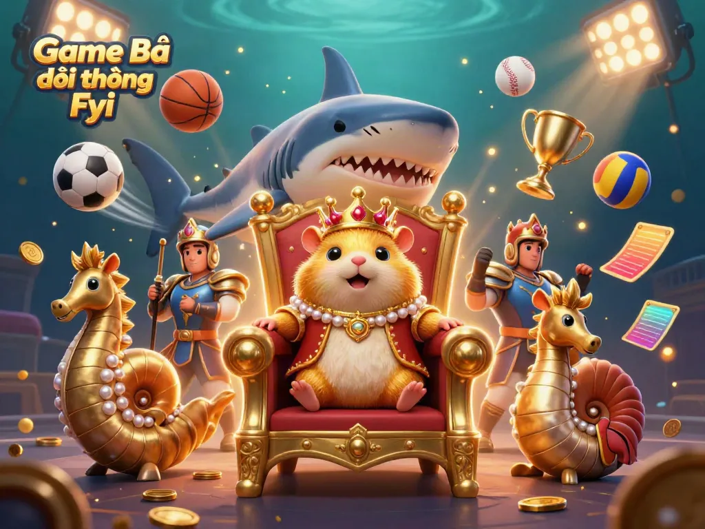 Engage in thrilling gaming with Game Bài Đổi Thưởng Fyi, featuring a golden hamster king and dynamic sports elements.