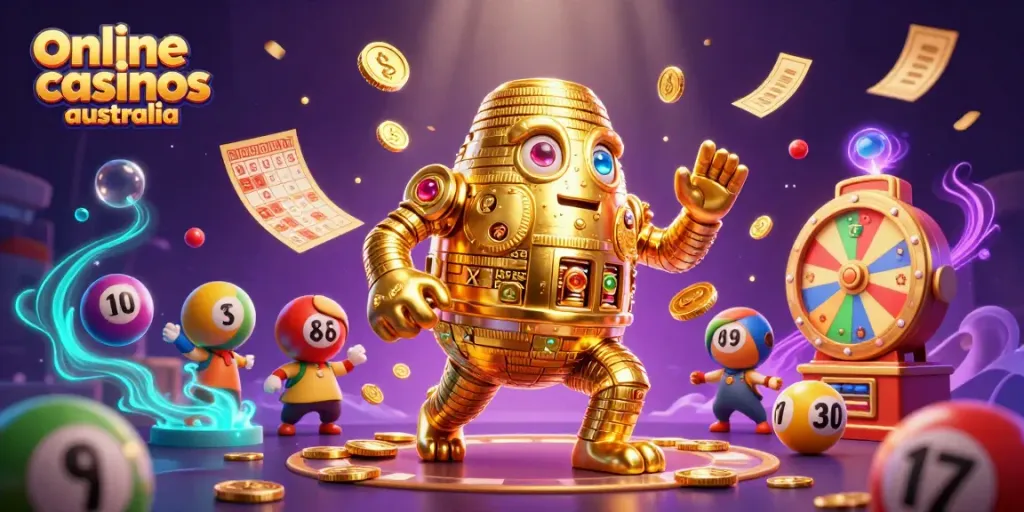 Engage in exciting games at online casinos Australia with a dynamic scene of a golden golem and vibrant elements.