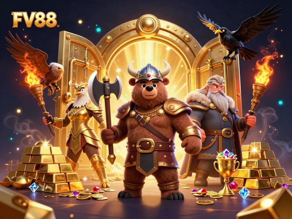 Experience thrilling gameplay at FV88 with epic Viking characters and treasure-filled casino action.
