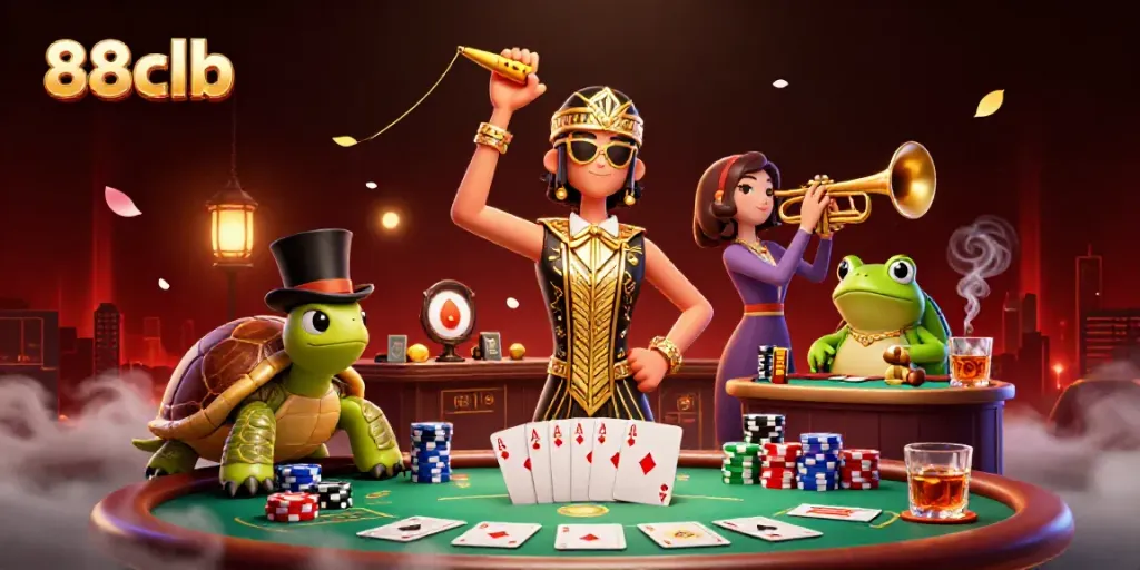 Experience thrilling gaming at 88clb with vibrant characters and poker action in this engaging scene.