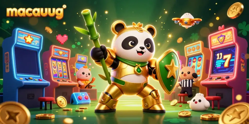Engage in thrilling slots action at macaugg, featuring a golden panda in a robot suit amidst vibrant casino elements.