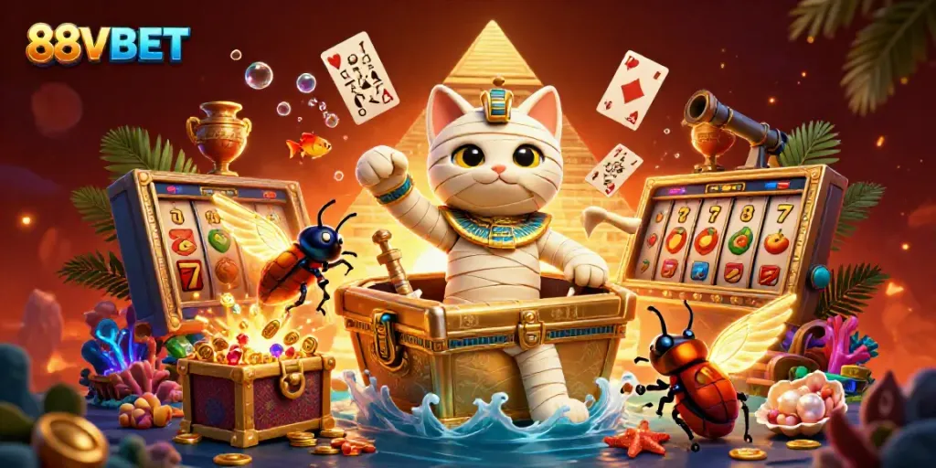 Experience the vibrant excitement of 88VBET with an Egyptian mummy cat and treasure-filled casino scene.