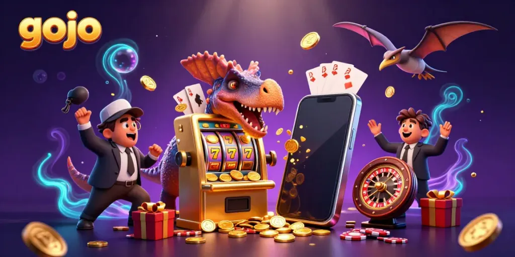 Gojo-themed casino scene with characters and dynamic slot game elements, showcasing vibrant excitement.