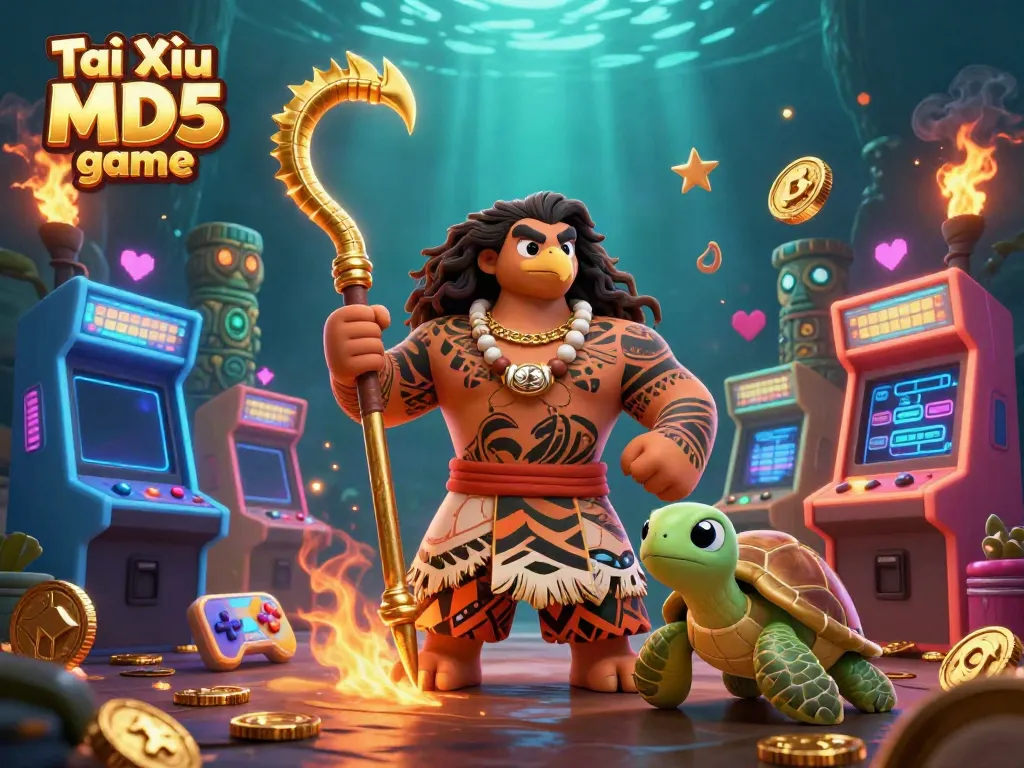 Tài Xỉu MD5 game featuring a cartoon Polynesian demigod and turtle with casino elements.