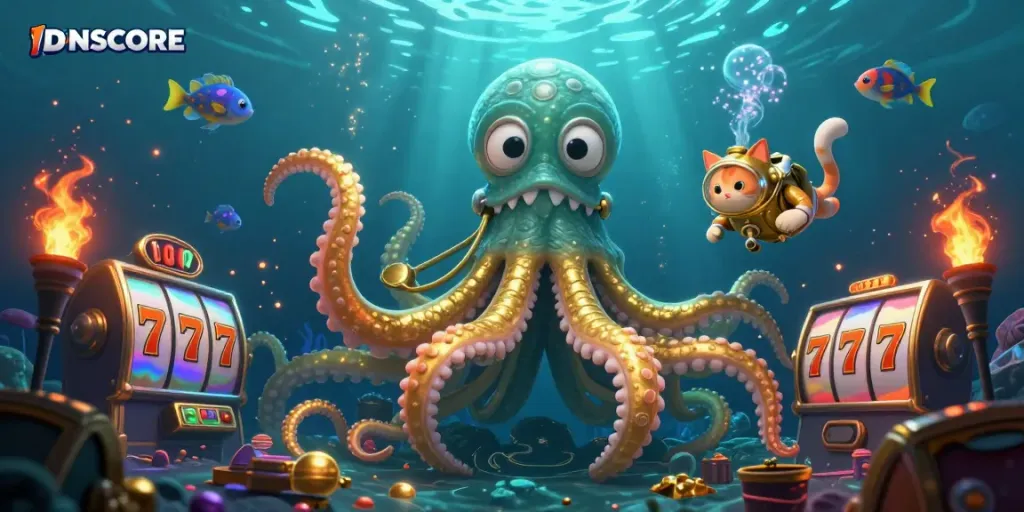Experience thrilling gaming with IDNSCORE as a kraken guards golden treasures in an ocean of adventure.