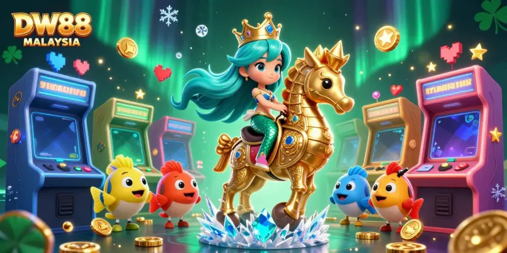Engage in vibrant gaming action at DW88 MALAYSIA with a colorful 3D scene featuring a mermaid princess, seahorse, and arcade elements.