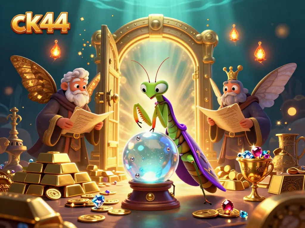 Win big with ck44 at this mystical casino illustration featuring fantasy characters and treasures.