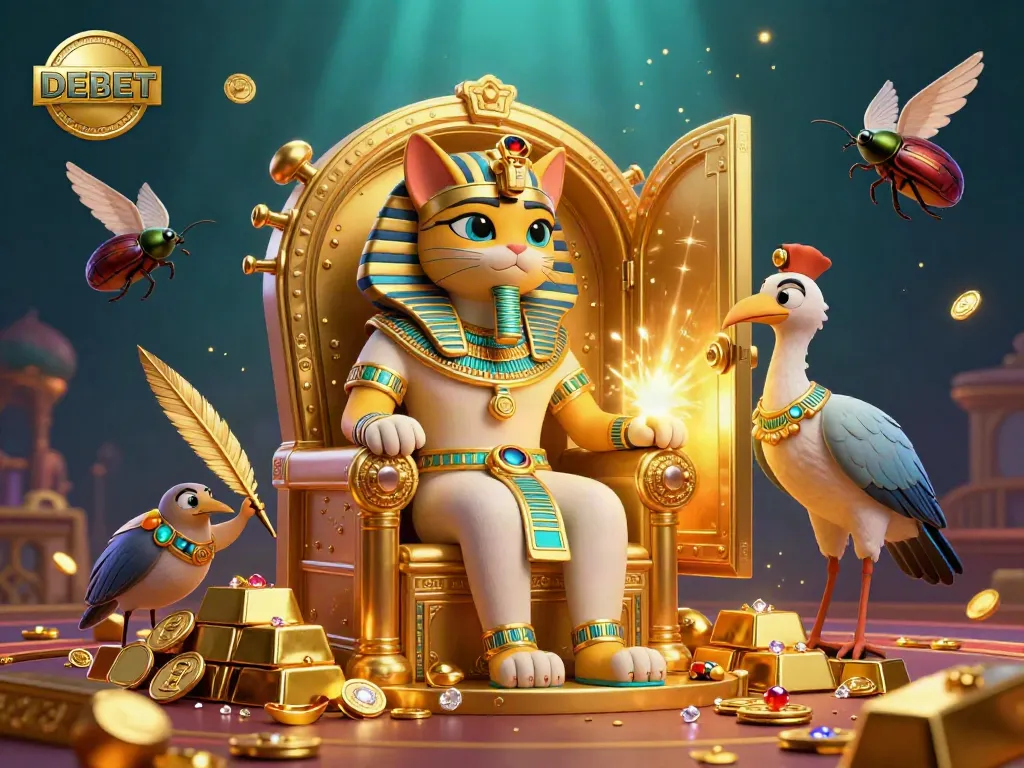 Feel the excitement of DEBET with animated characters and golden treasures in a casino-themed illustration.