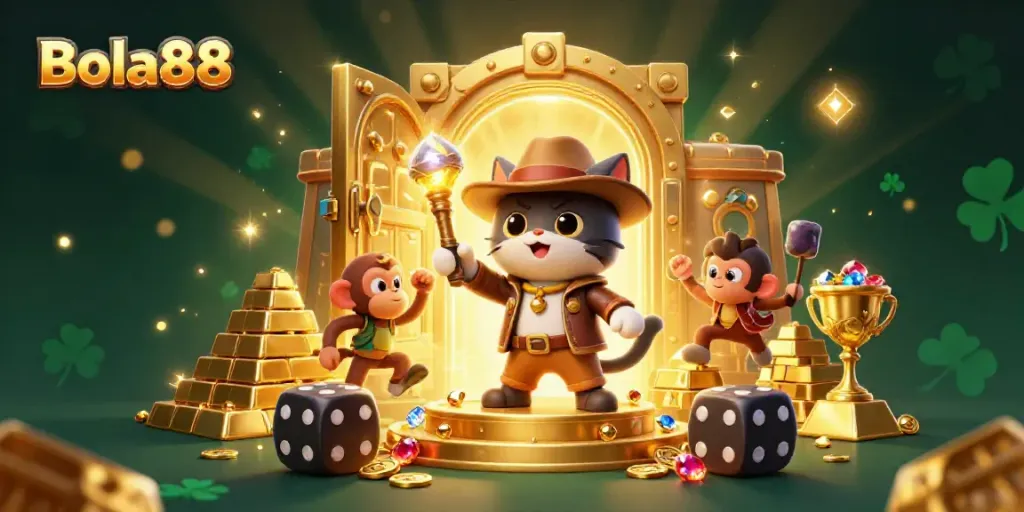 Bola88 showcases a thrilling casino adventure with treasures and characters in a vibrant 3D scene.