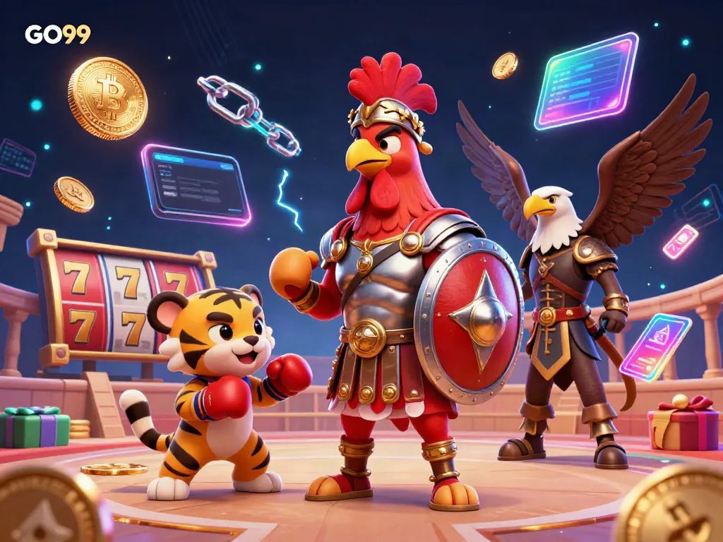 Engage with GO99's vibrant casino experience featuring a 3D rooster gladiator in a dynamic gambling scene.